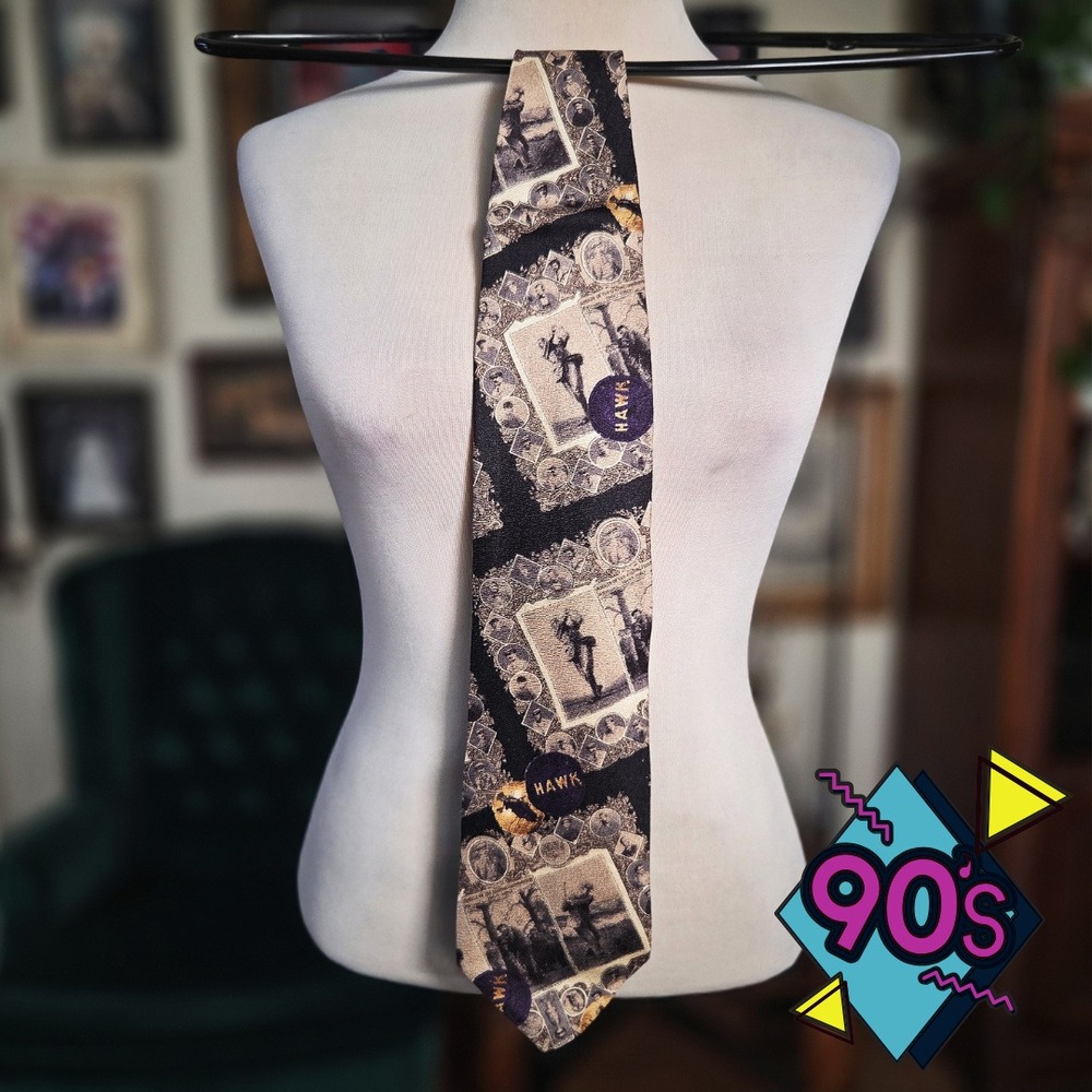 Structure Silk Tie Vintage 90s Mens Dark Academia Photo Print Black Tan USA Made